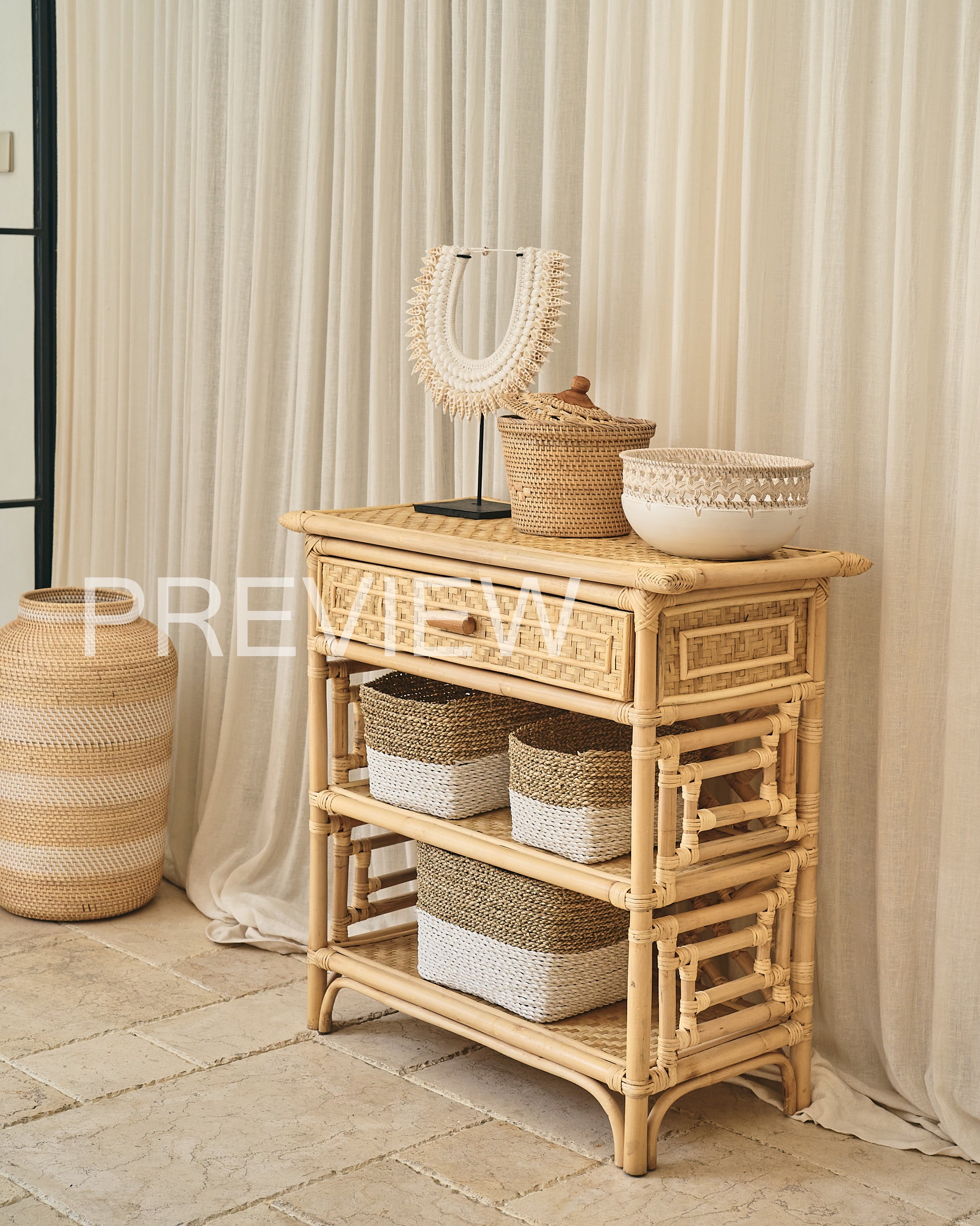 Bambu Design Rattan Console Shelves with top drawer