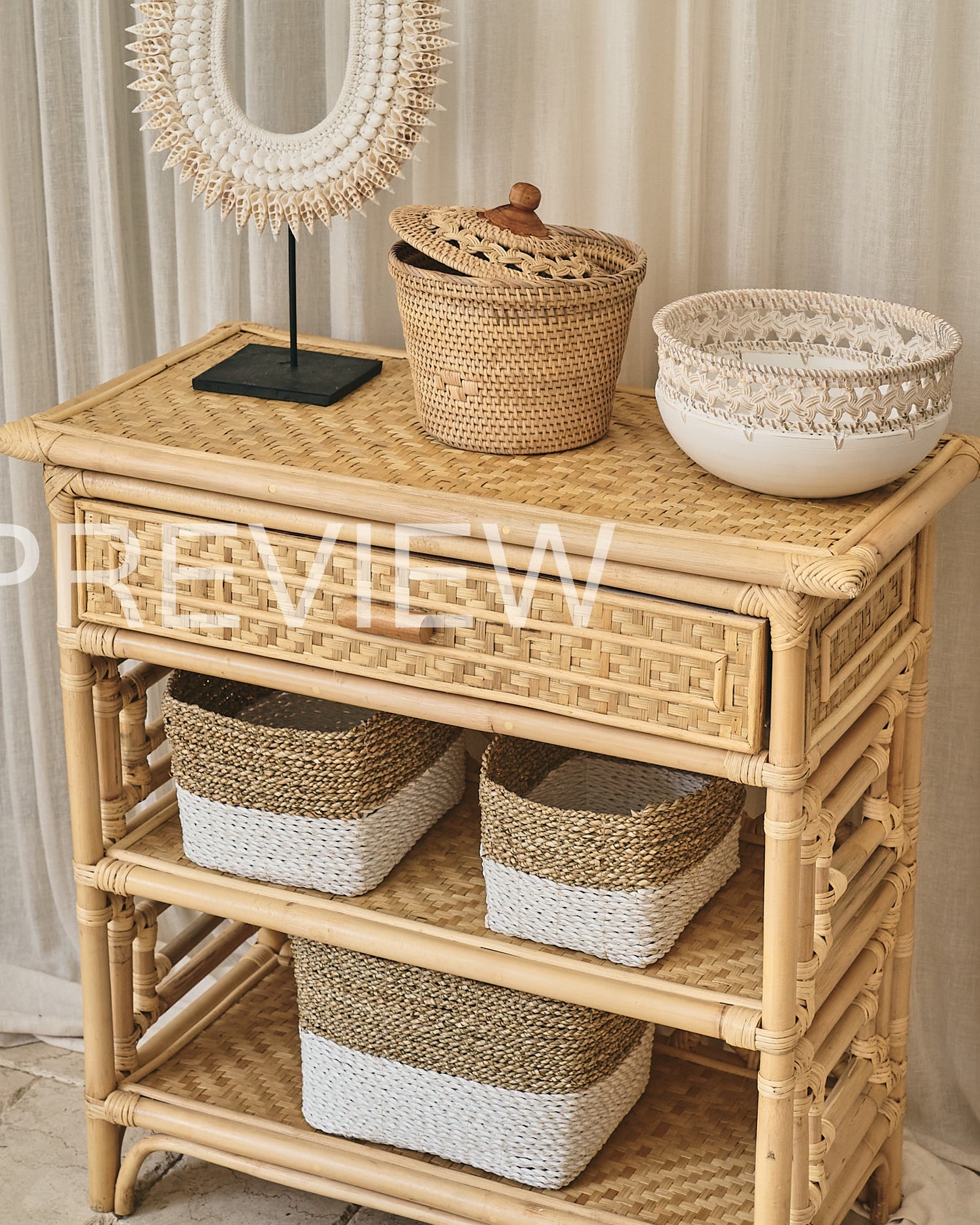 Bambu Design Rattan Console Shelves with top drawer