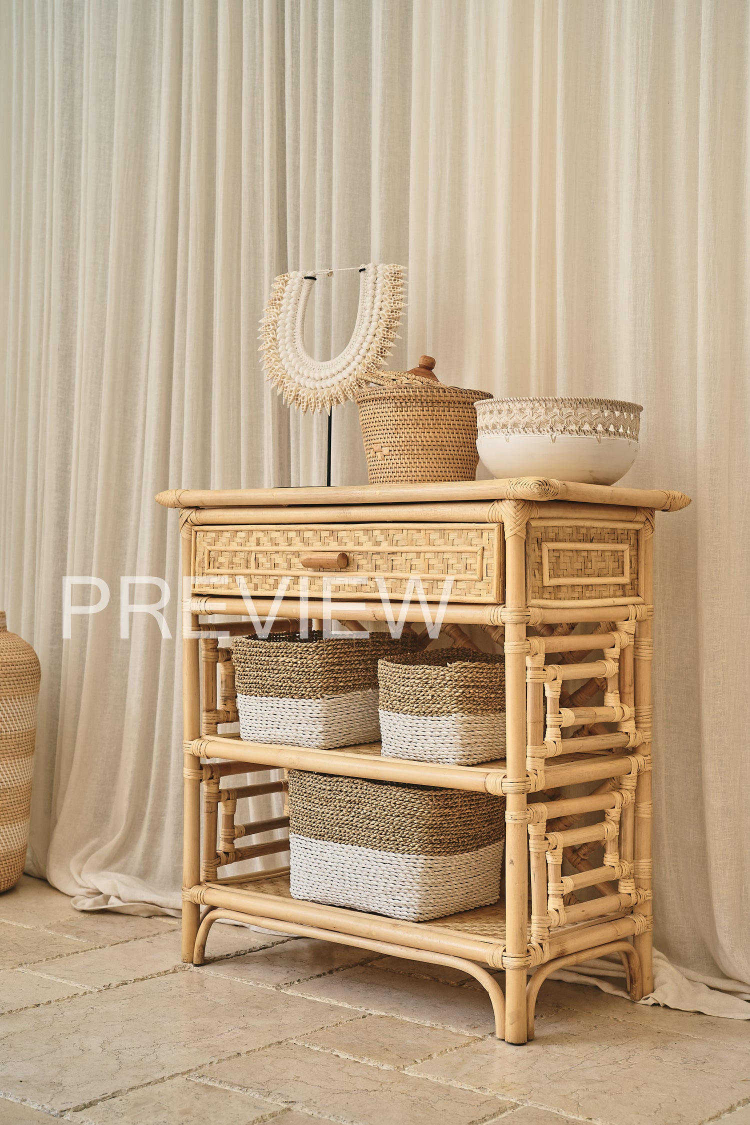 Bambu Design Rattan Console Shelves with top drawer