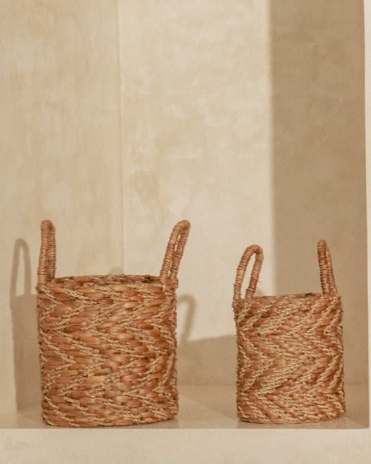 Natural &amp; Gold Vertical Chevron Water Hycianth Baskets - Small, Medium, Large