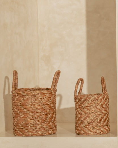 Natural &amp; Gold Vertical Chevron Water Hycianth Baskets - Small, Medium, Large