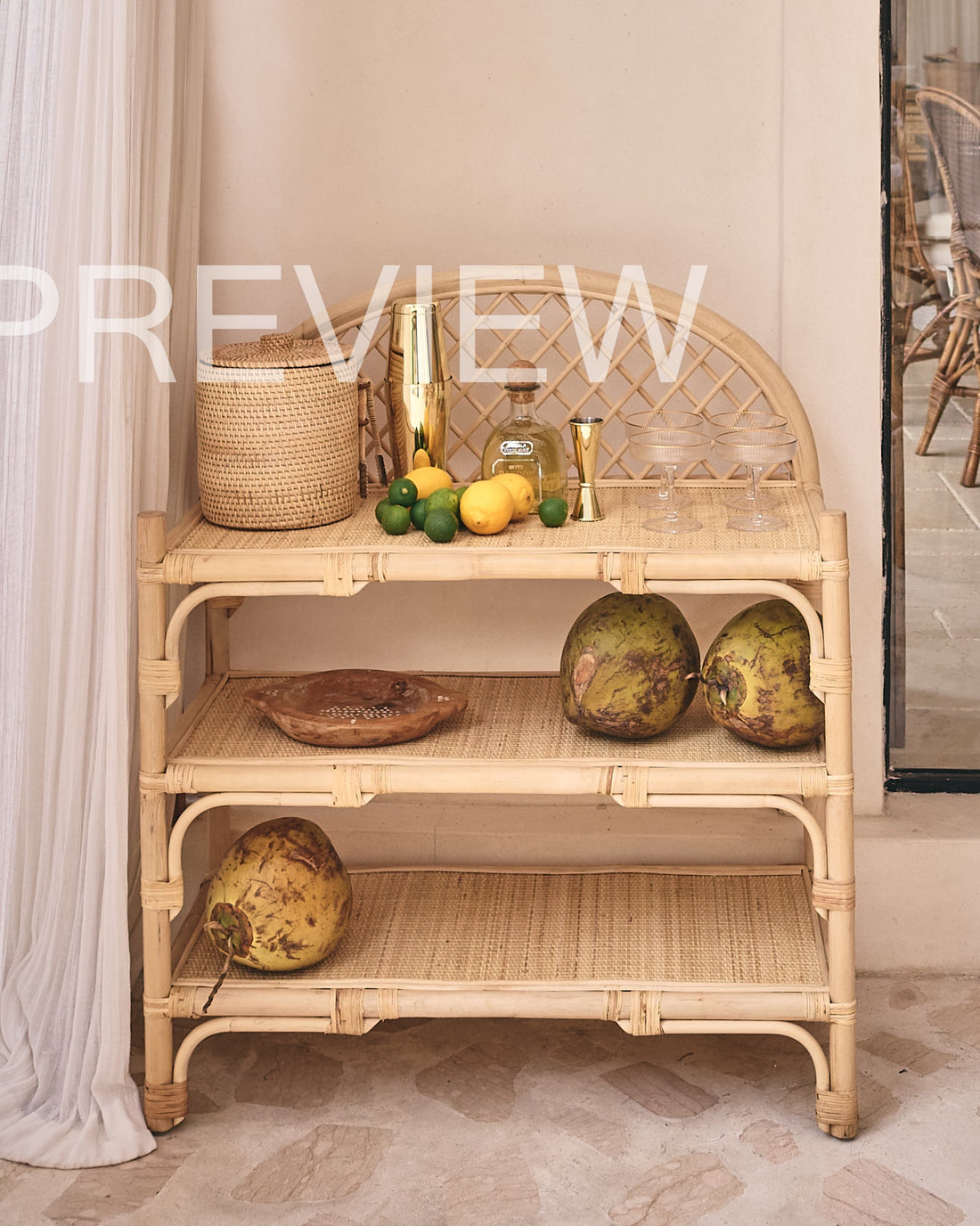 Busur Rattan Tri-Shelf Sunrise Shelving Console