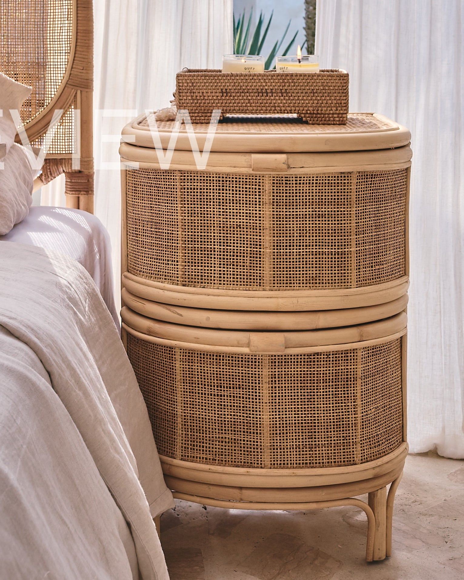 Bulat Rattan Weave Curved Side Table with drawers