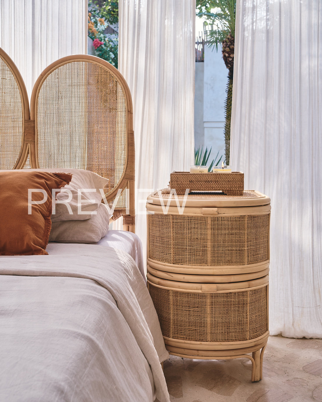 Bulat Rattan Weave Curved Side Table with drawers