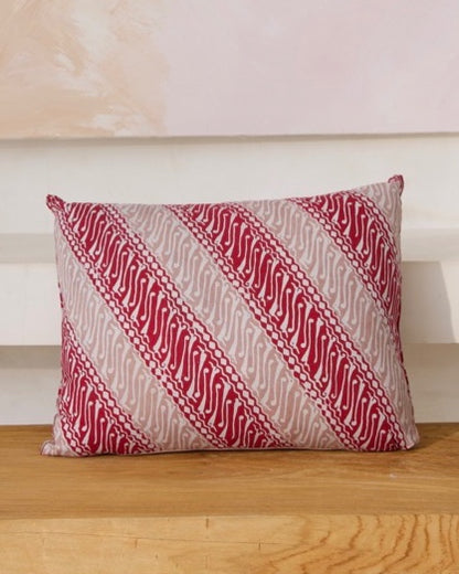 Java Batik Cushion Cover - Cherry Red, Blush &amp; Cream Diagonal Design, Square + Rectangular