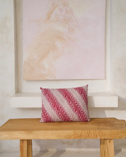 Java Batik Cushion Cover - Cherry Red, Blush &amp; Cream Diagonal Design, Square + Rectangular