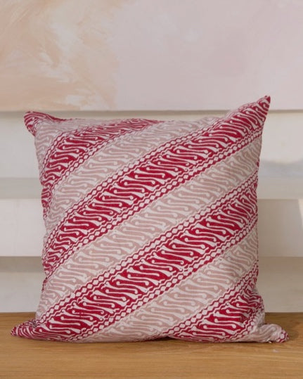 Java Batik Cushion Cover - Cherry Red, Blush &amp; Cream Diagonal Design, Square + Rectangular