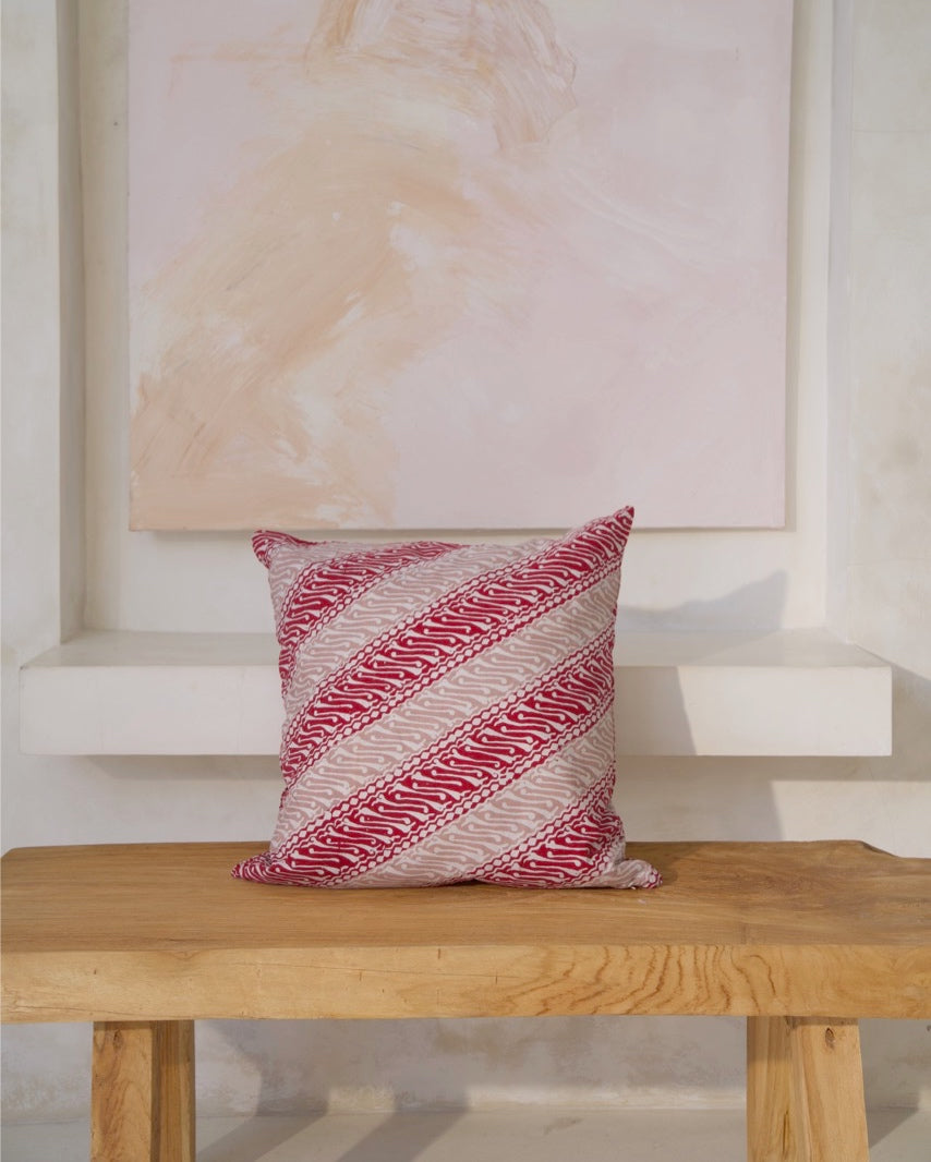 Java Batik Cushion Cover - Cherry Red, Blush &amp; Cream Diagonal Design, Square + Rectangular