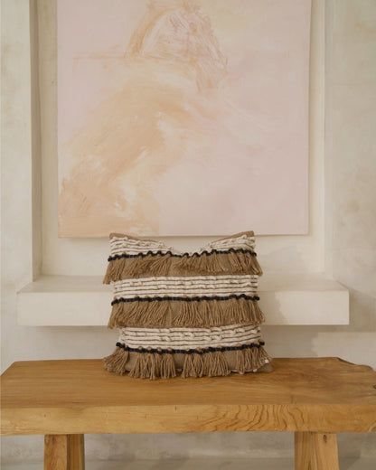 Brown Fringe, Cream with Black Knot Ribbon Cushion Cover, 40x40cm