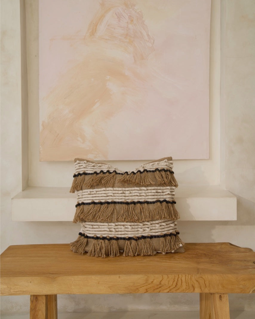 Brown Fringe, Cream with Black Knot Ribbon Cushion Cover, 30x50cm