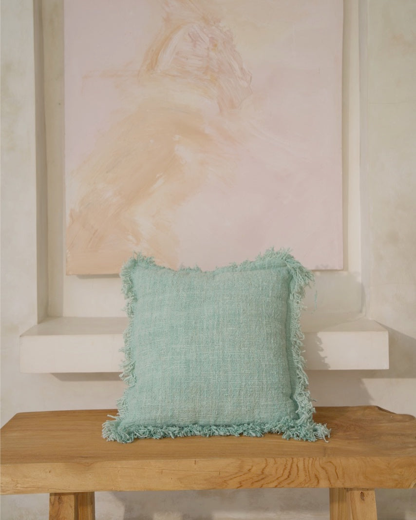 Hand Loomed, Natural Texture Tanah Cushion Covers with fringing - Turquoise