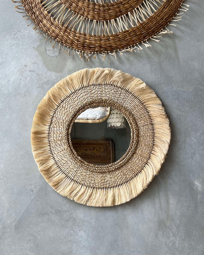 Fluffy Pineapple Leaf Grass Round Wall Mirror 80cm - gathered seam