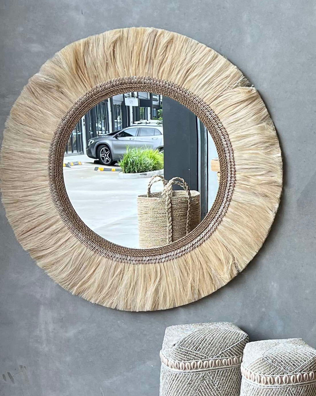 Fluffy Pineapple Leaf Grass Shell  Round Wall Mirror - two sizes