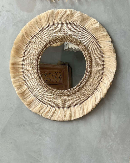 Fluffy Pineapple Leaf Grass Round Wall Mirror 80cm - gathered seam