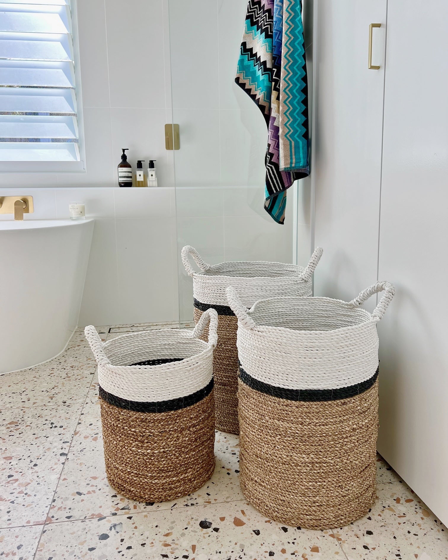 Archipelago Striped Seagrass Baskets - Natural, Black stripe, White