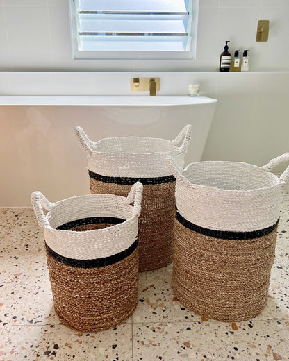 Archipelago Striped Seagrass Baskets - Natural, Black stripe, White