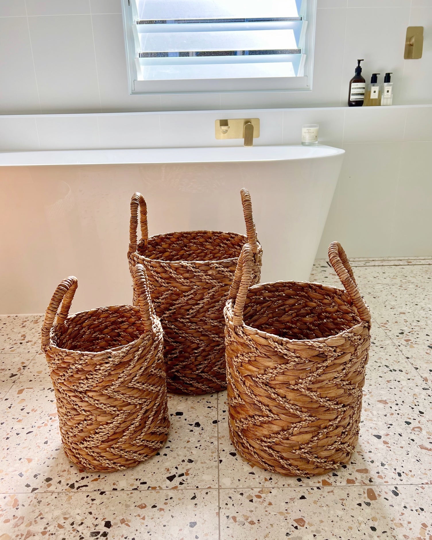 Natural &amp; Gold Vertical Chevron Water Hycianth Baskets - Small, Medium, Large