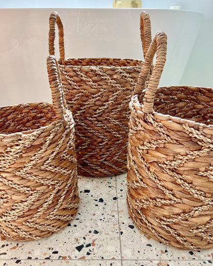 Natural &amp; Gold Vertical Chevron Water Hycianth Baskets - Small, Medium, Large