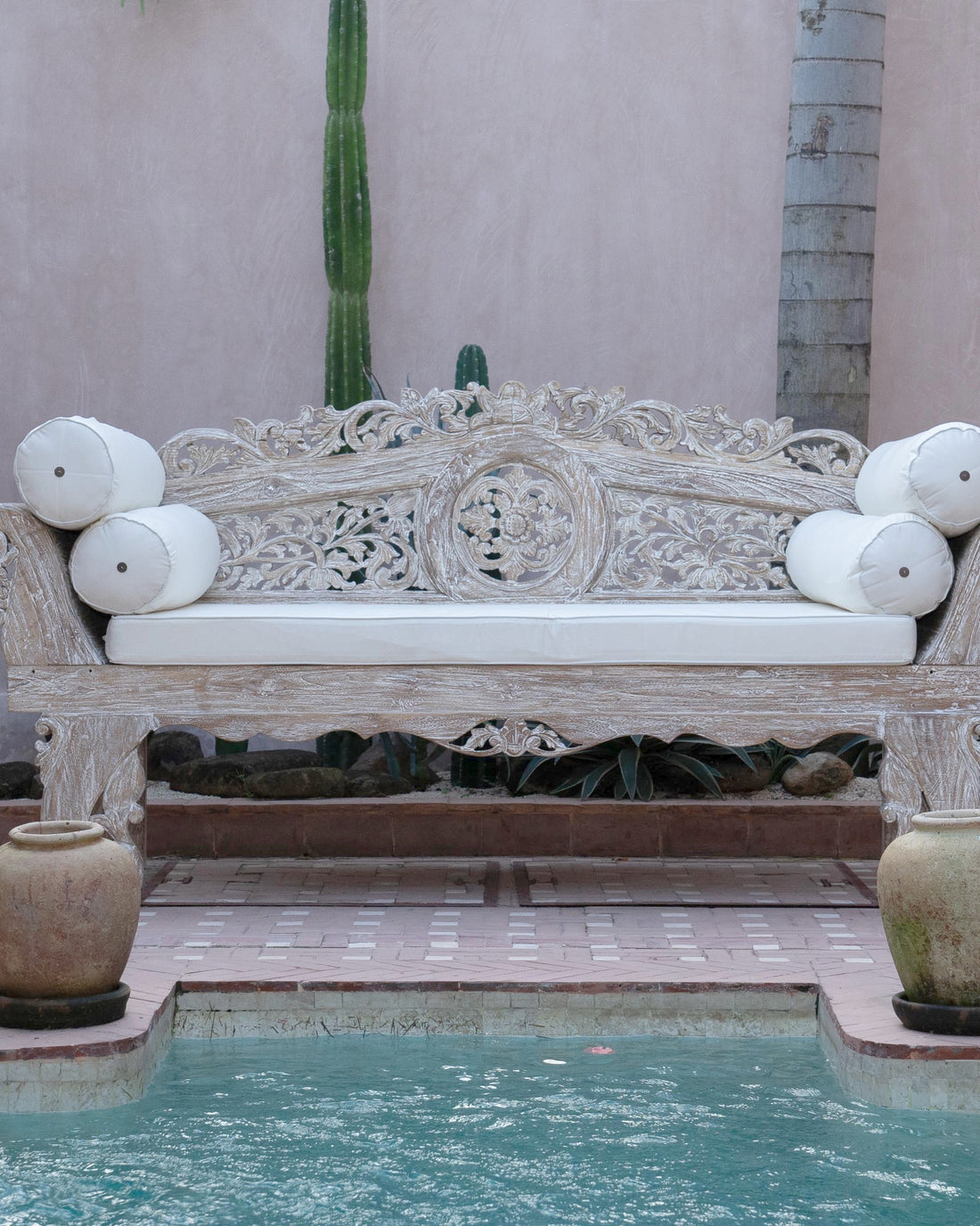 Sayang Large Whitewash Teak Carved Daybed with Curved Arms