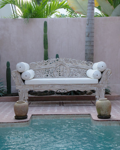 Sayang Large Whitewash Teak Carved Daybed with Curved Arms