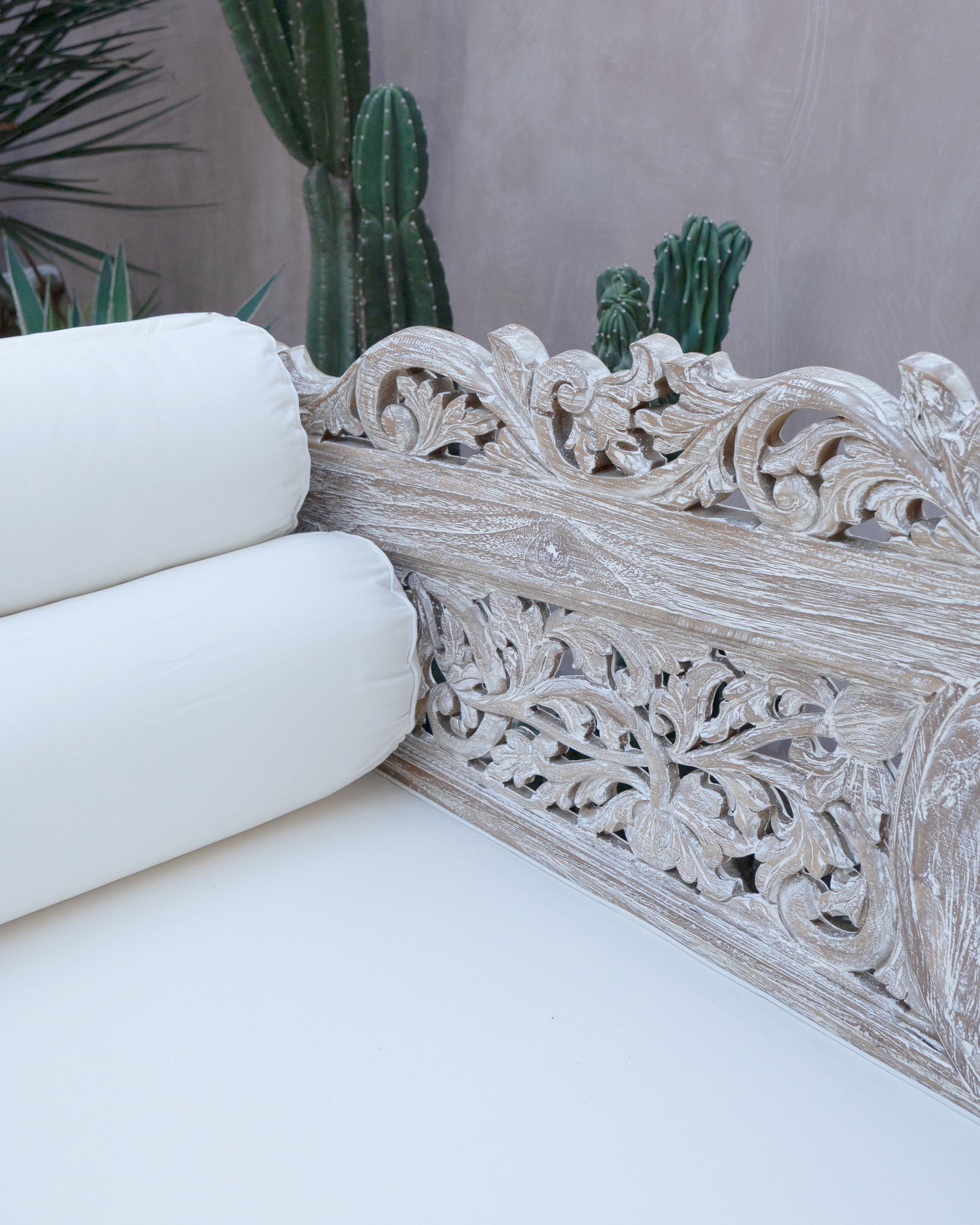 Sayang Large Whitewash Teak Carved Daybed with Curved Arms