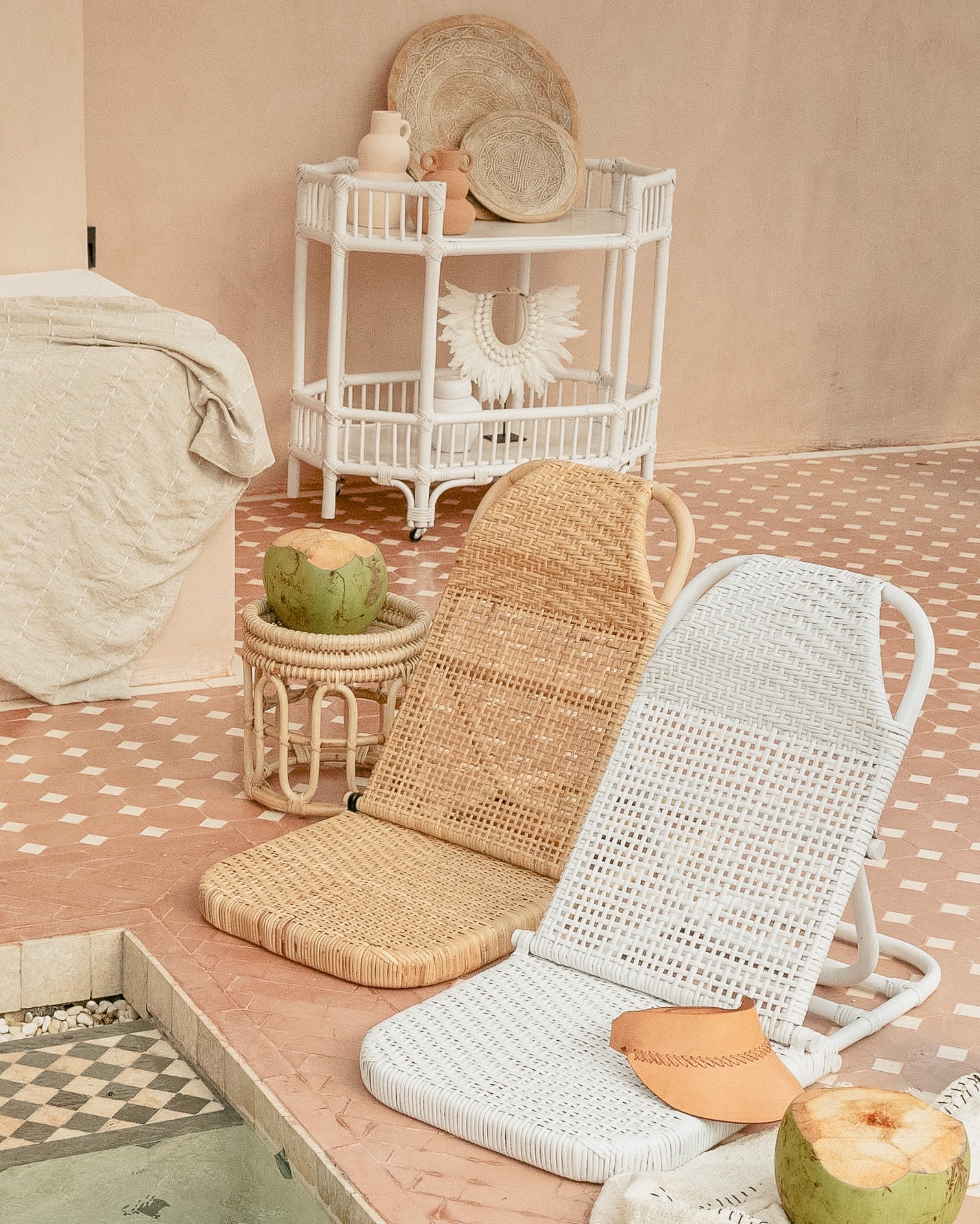 Cemagi White Rattan Bar Cart Console Trolly - Natural Colour