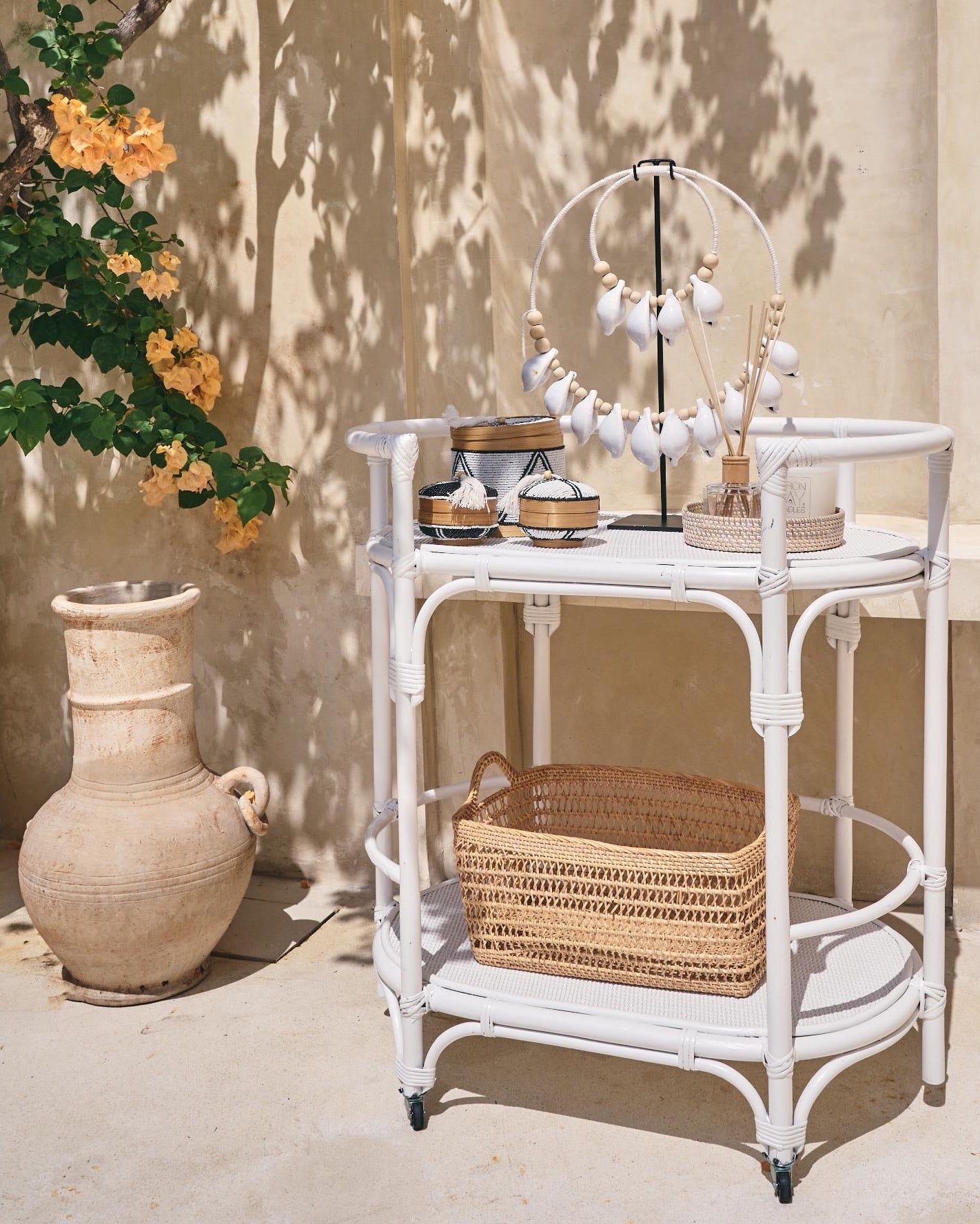 Soori Rattan Bar Cart Console Trolly - White