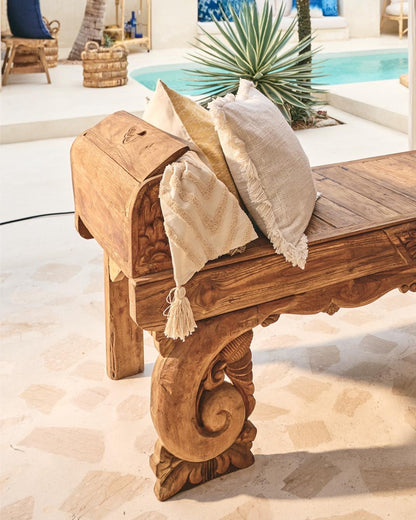 Antik Carved Teak Bench Table with curved feature arms