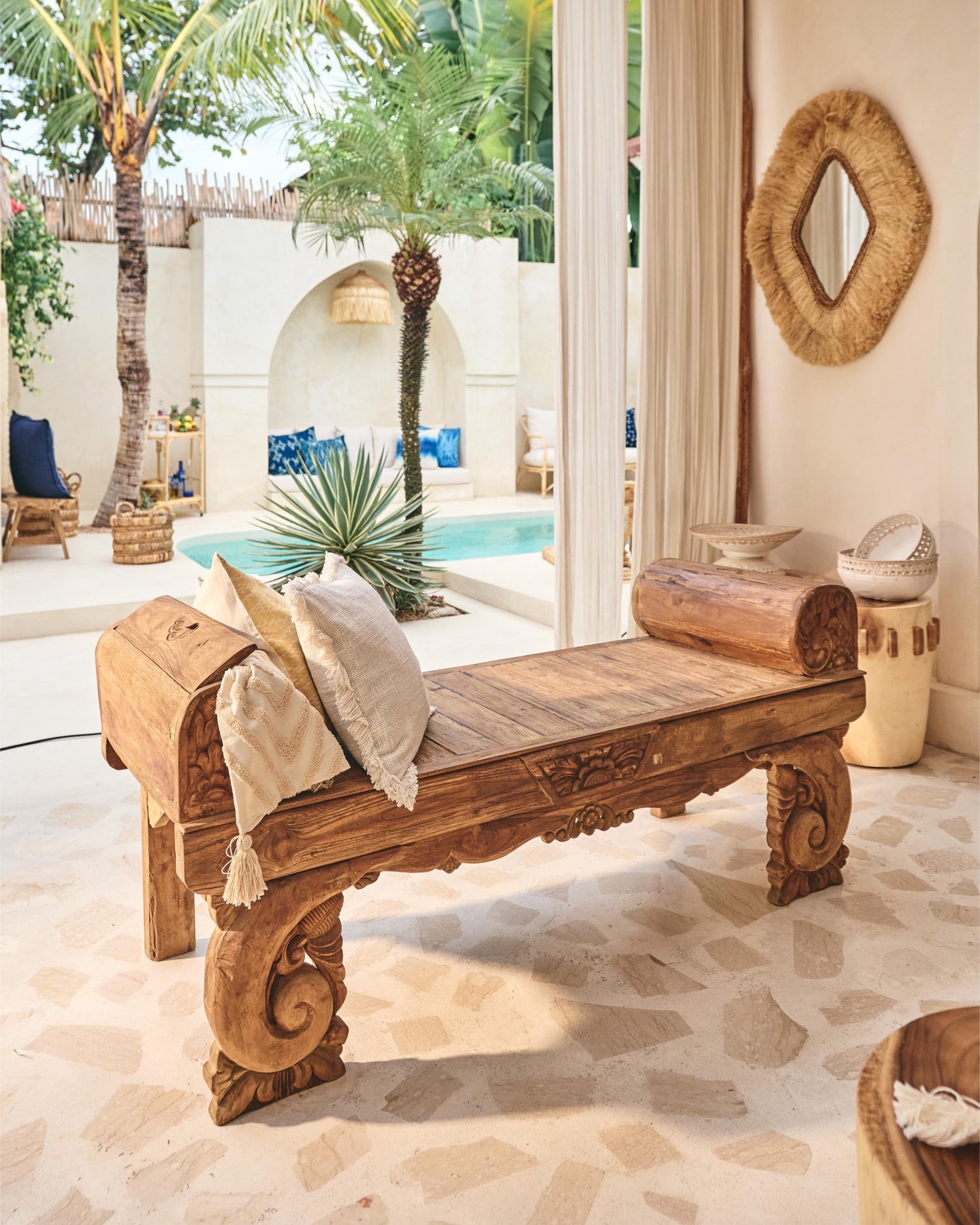 Antik Carved Teak Bench Table with curved feature arms