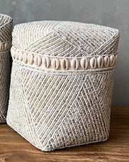 Cream White Stripe Rectangular Tall Beaded Bamboo Baskets - S, M, L