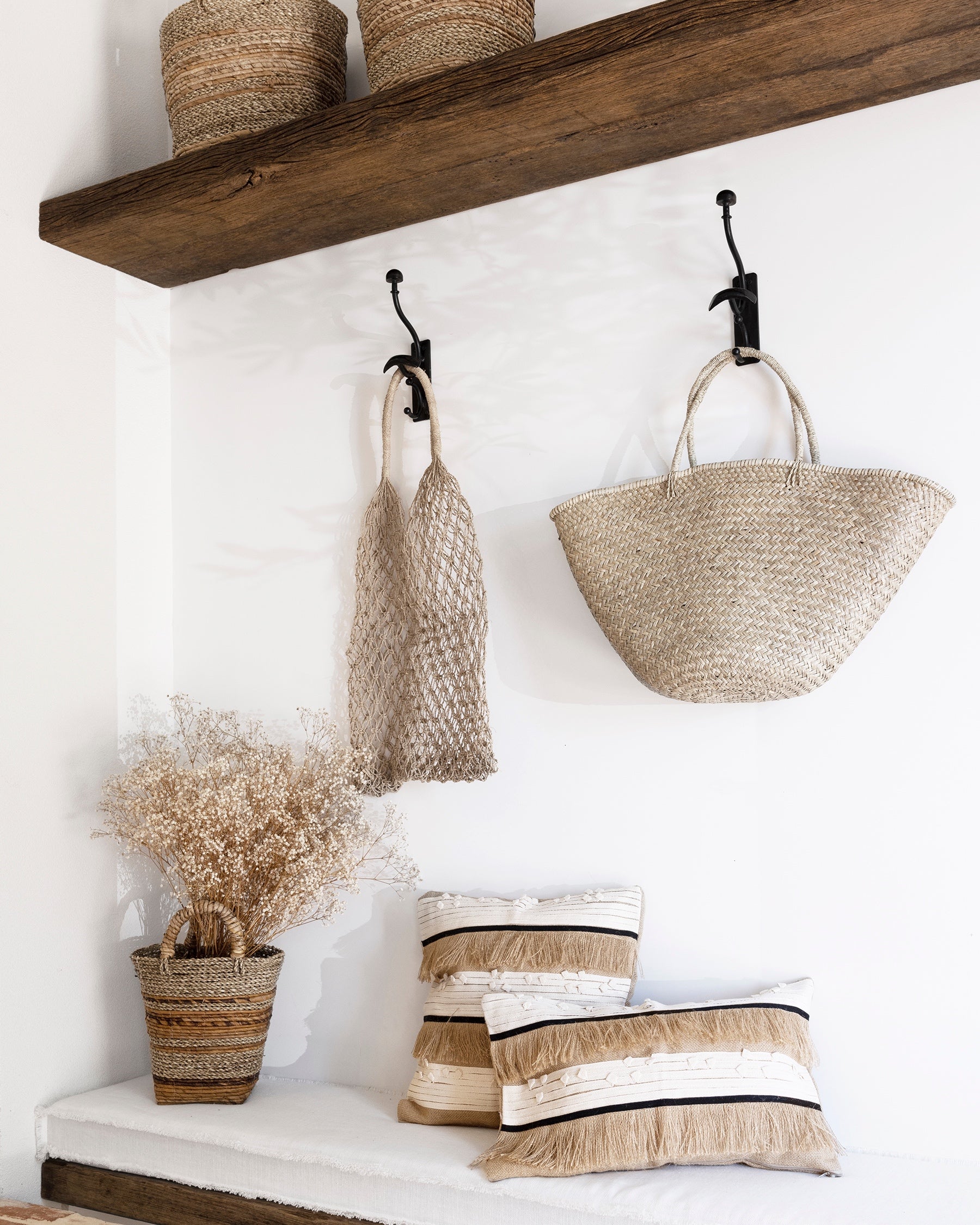 Brown Hessian Fringed, Black &amp; Cream Textured Ribbon Cushions