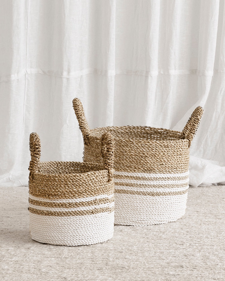 White Natural Multi-stripe Seagrass Baskets - S, M, L, XL