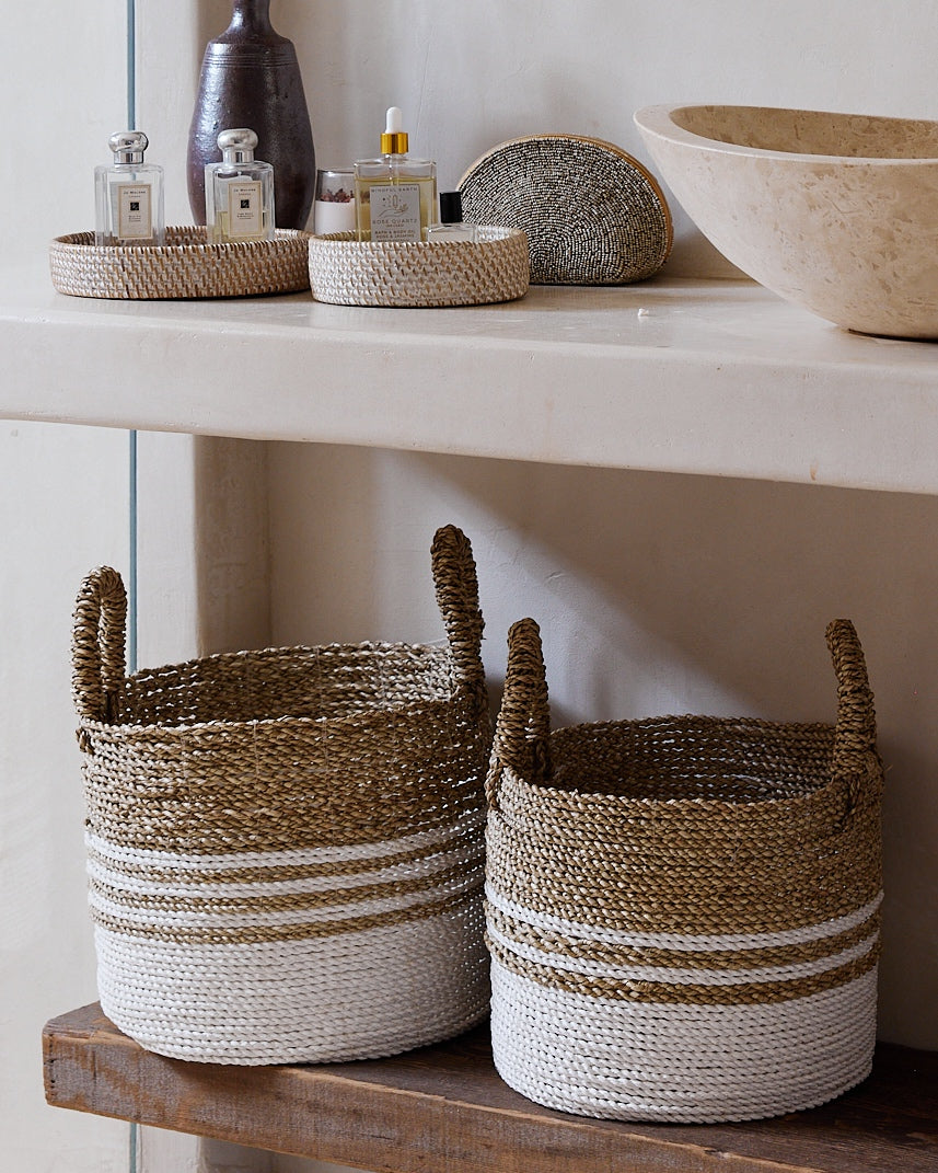 White Natural Multi-stripe Seagrass Baskets - S, M, L, XL