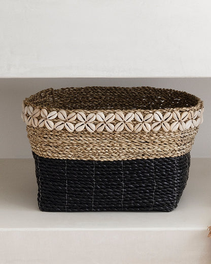 Seagrass Rectangular Basket with shell border detail - black natural, S, M, L