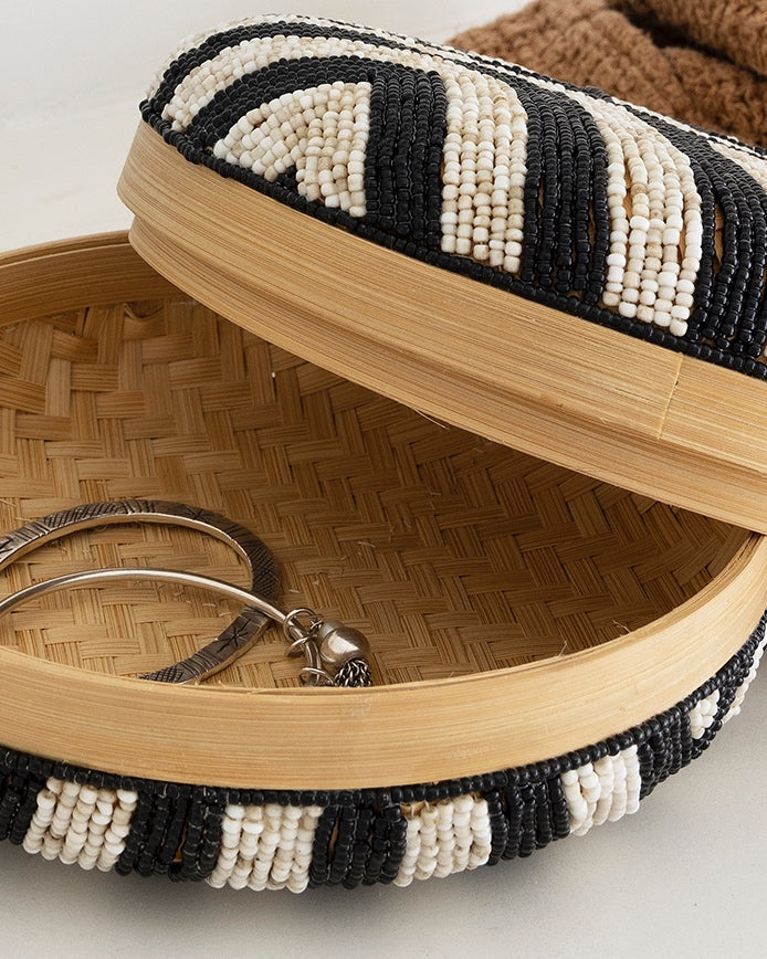 Beaded bamboo round box - 3 colours