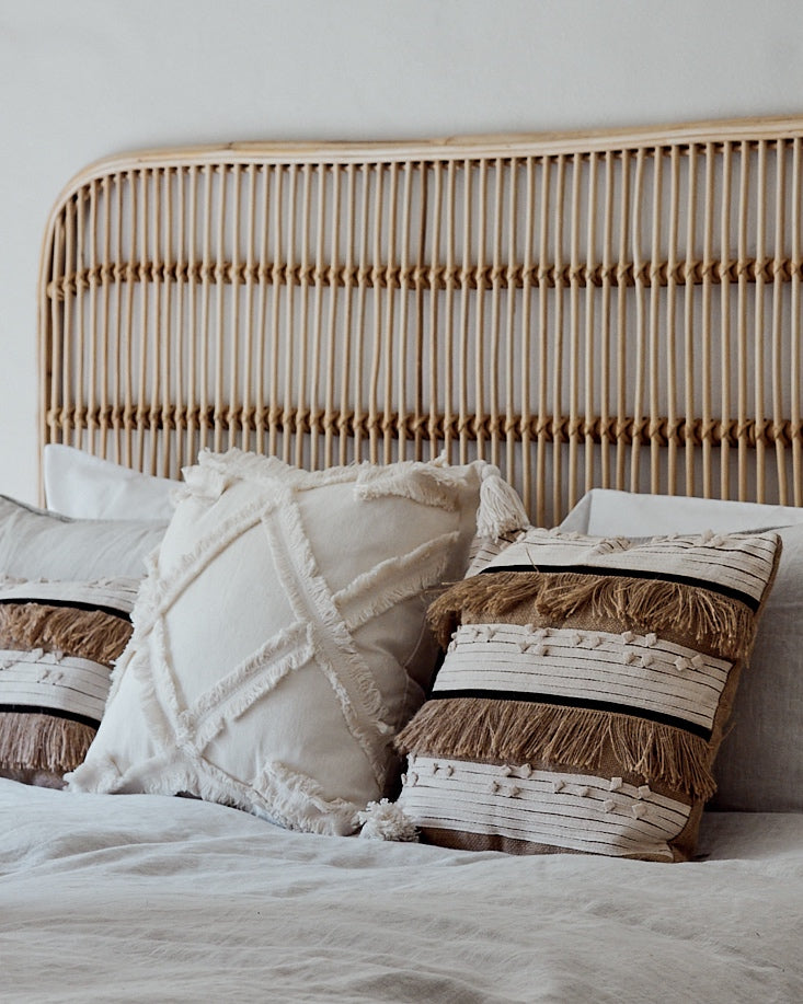 Brown Hessian Fringed, Black &amp; Cream Textured Ribbon Cushions