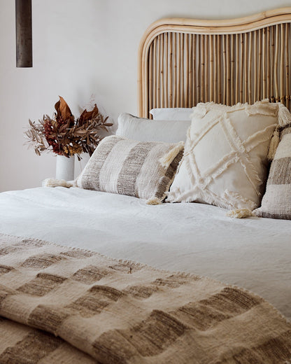 Textured Blanket Latte Brown &amp; Vanilla Cream Block Stripe with corner tassels