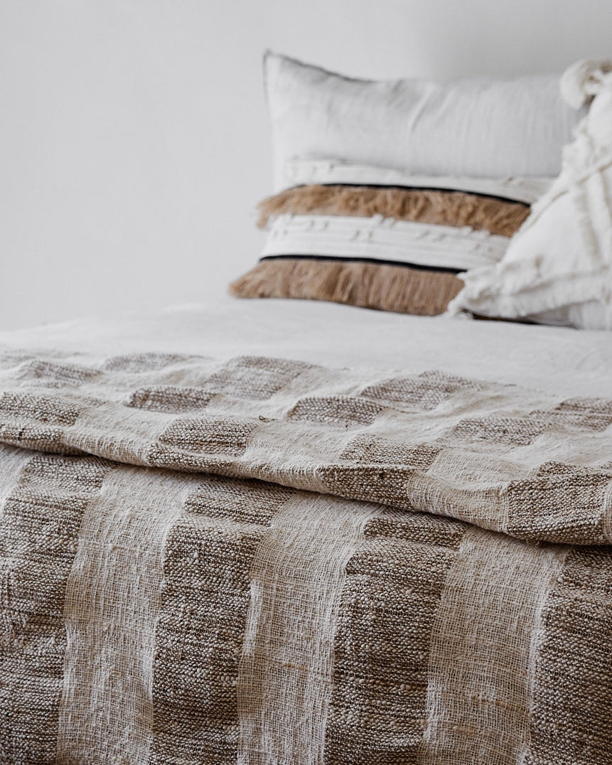 Brown Hessian Fringed, Black &amp; Cream Textured Ribbon Cushions