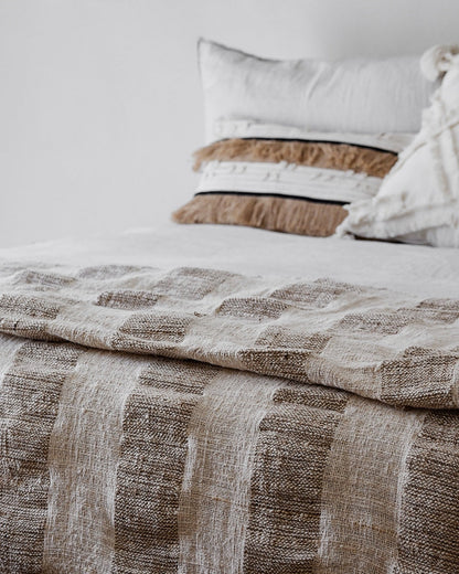 Textured Blanket Latte Brown &amp; Vanilla Cream Block Stripe with corner tassels