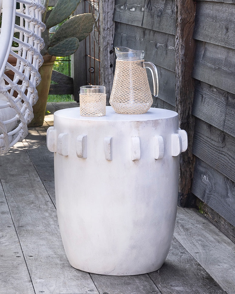 Bukit Wooden Carved Side Table Stool - Whitewash