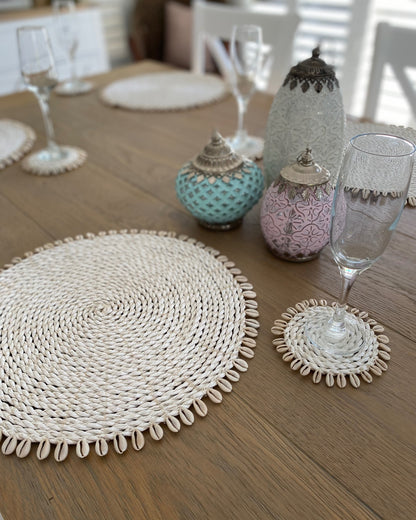 White Rattan Woven Coasters with Shell Fringe Feature Design