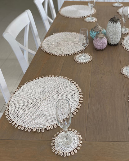 White Rattan Woven Coasters with Shell Fringe Feature Design