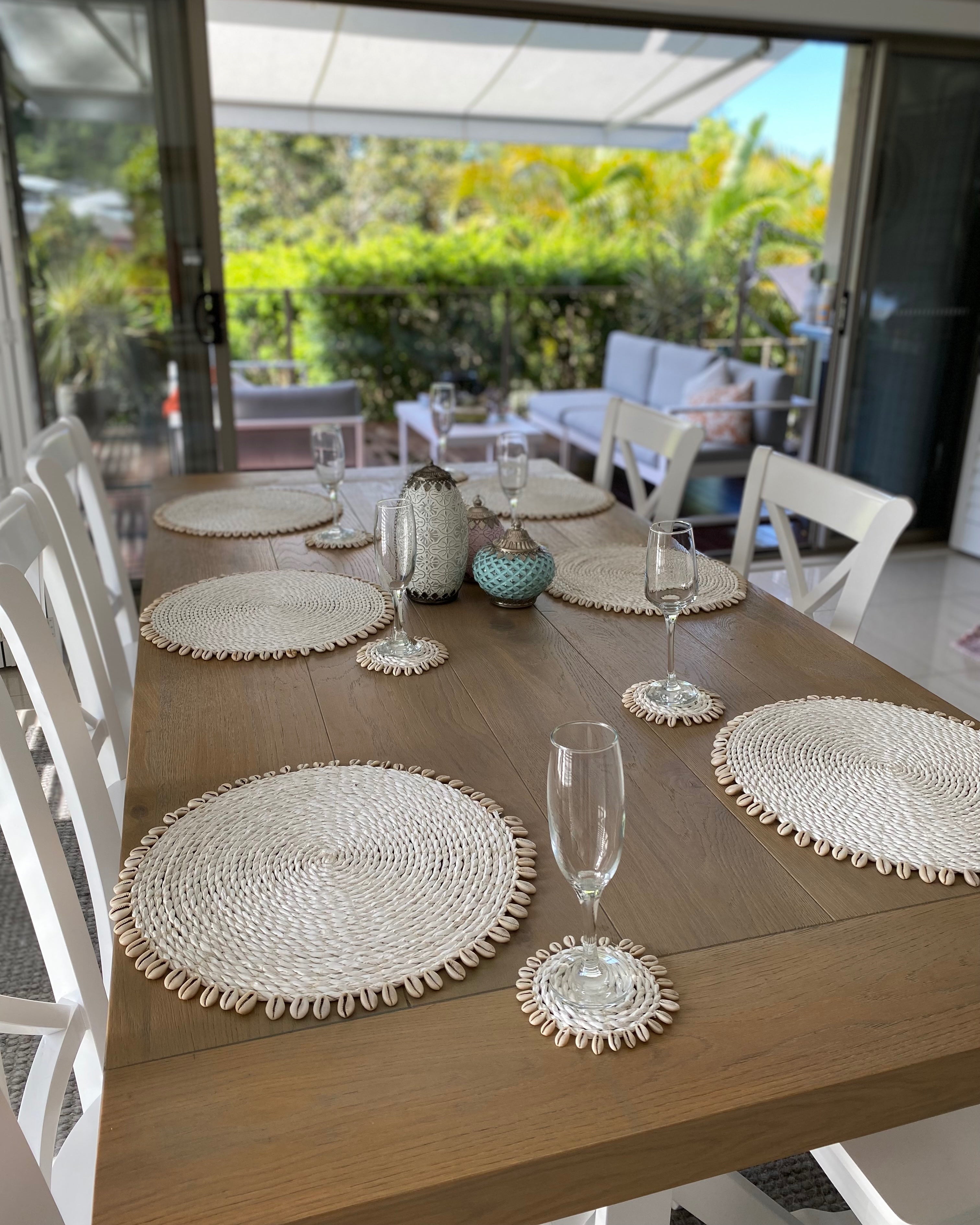 White Rattan Woven Coasters with Shell Fringe Feature Design