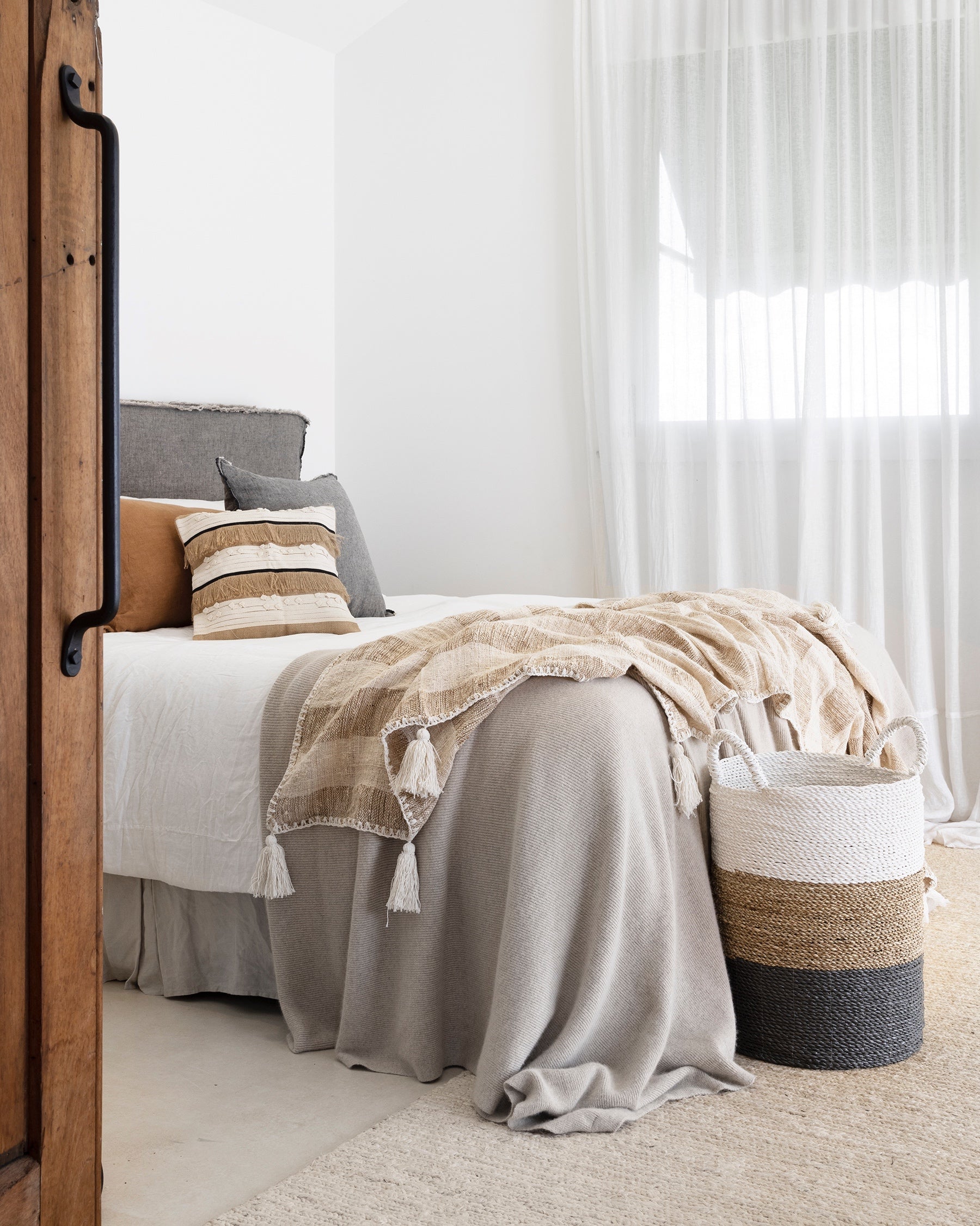 Brown Hessian Fringed, Black &amp; Cream Textured Ribbon Cushions