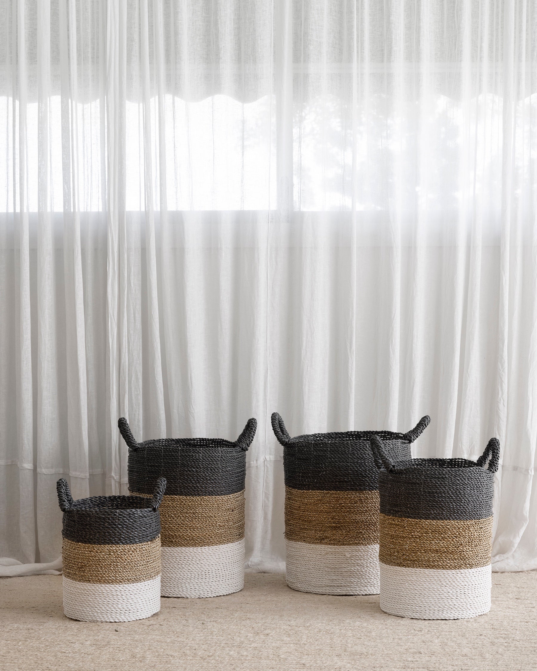 Archipelago Striped Seagrass Baskets - Grey, Natural, White