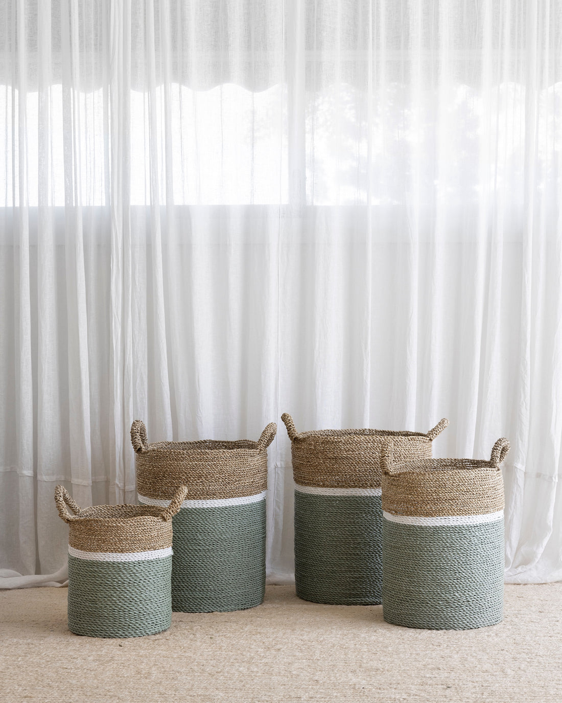 Archipelago Striped Seagrass Baskets - Mint Green, White, Natural