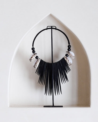 Black White Cowrie Shell Cuttlefish Necklace &amp; Stand