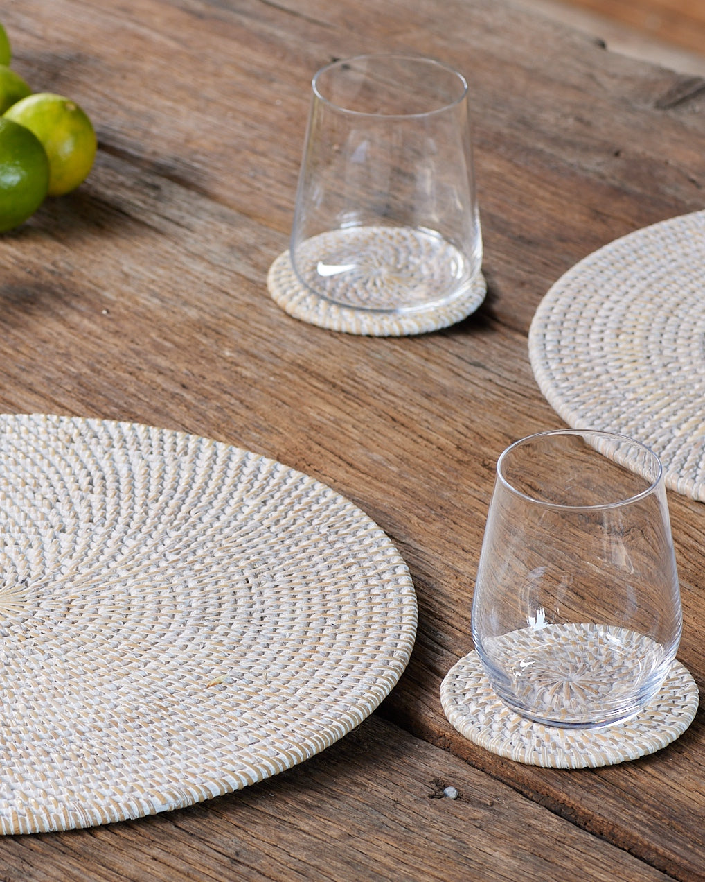 Whitewash Round Rattan Coasters - Single or Boxed Set x6