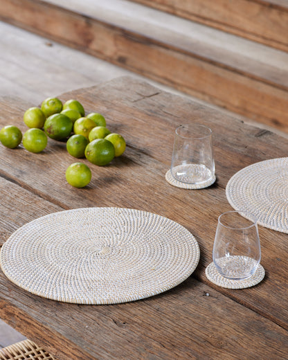 Whitewash Round Rattan Coasters - Single or Boxed Set x6