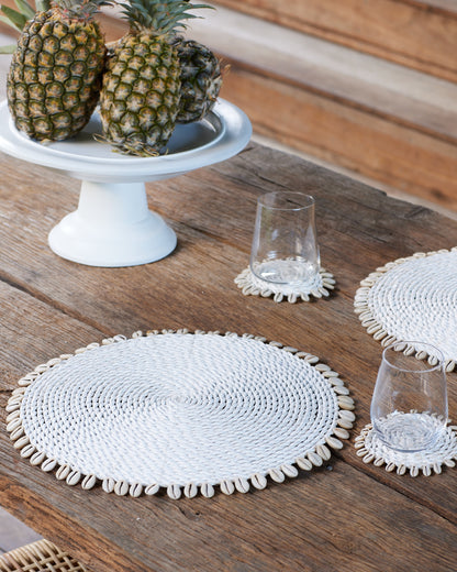 White Rattan Woven Coasters with Shell Fringe Feature Design